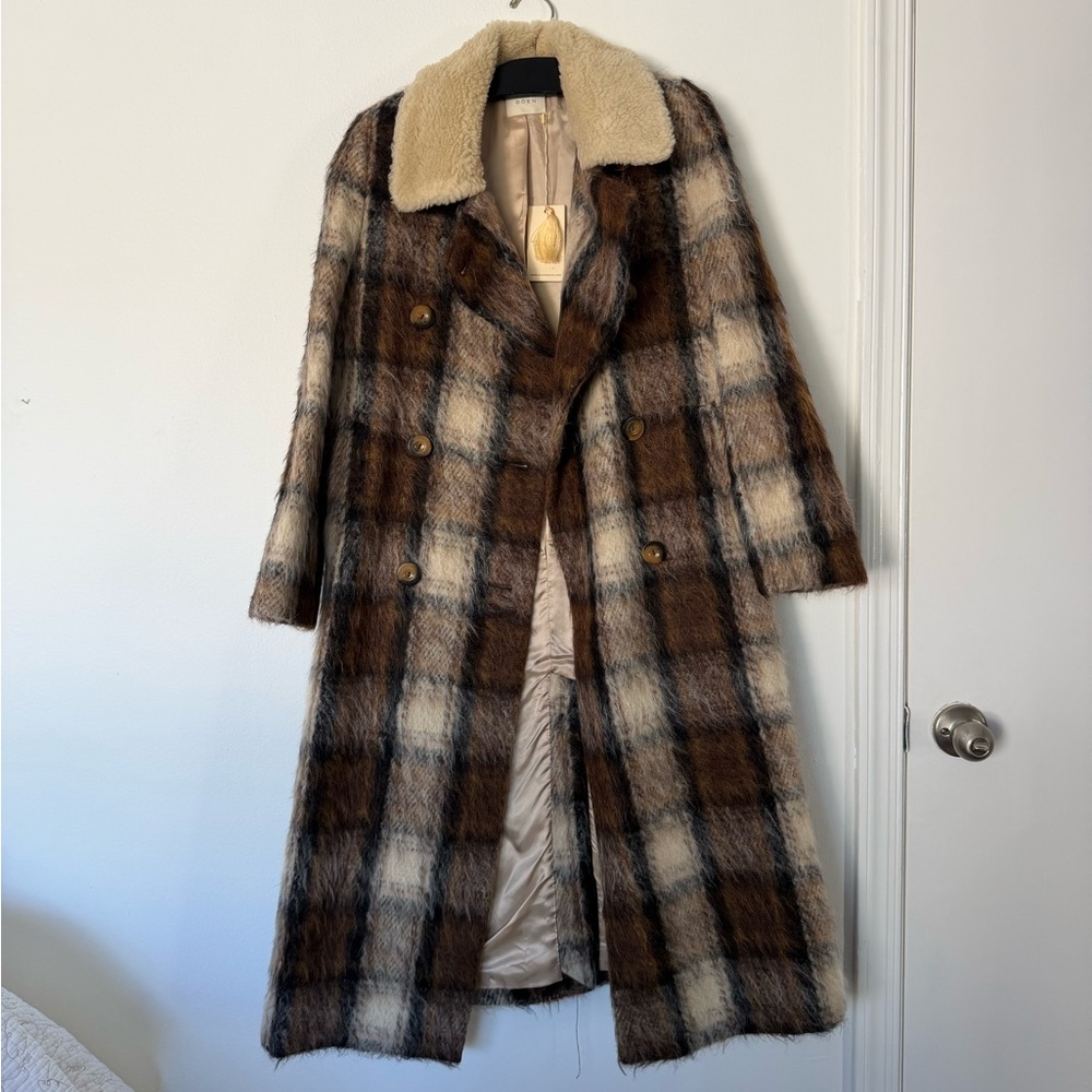 Doen Brown and Cream Plaid Long Trench Coat with Shearling Collar
